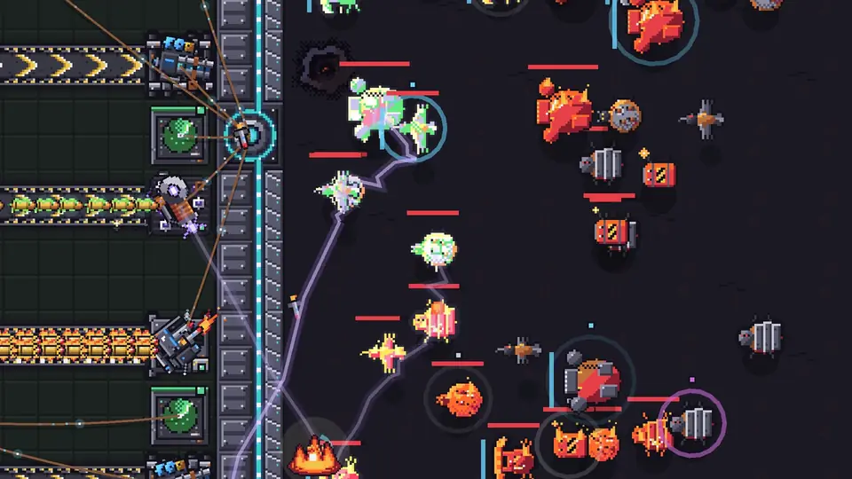 Bullet Factory en jeu : des tourelles sur un mur d’acier tirent sur les Rouillés, des tas de ferraille qui marchent, avec flammes et éclairs, capturés dans le jeu.