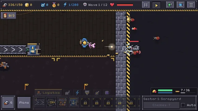 Bullet Factory: The engineer fires at a Rusty outside the wall, with the ammo dispenser and the game interface visible.