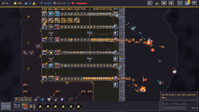 Several production lines firing at enemies beyond the wall, with explosions.