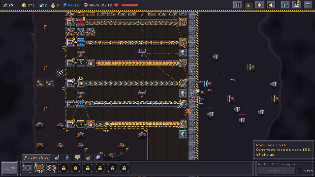 Sector 1, the scrapyard: wooden machines and belts feeding a wall of turrets.