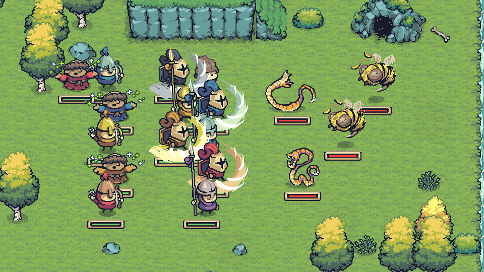Island Crusade's knights fighting a spider, giant bees and a snake on a green island, from the game itself.