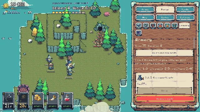 Island Crusade: The Armory tab of the Forge: a job crafting an engraved blade, with the equipment and inventory counts.