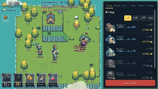 Island Crusade: Island 14, wave 6: the first knights against a snake and a purple monster by an autumn wood, the army list on the right and five spells below.