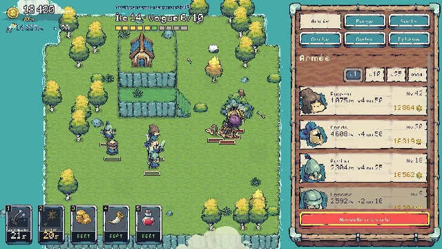 Île 14, vague 6 : les premiers chevaliers face à un serpent et un monstre violet près d’un bois d’automne, la liste de l’armée à droite et cinq sorts en bas.