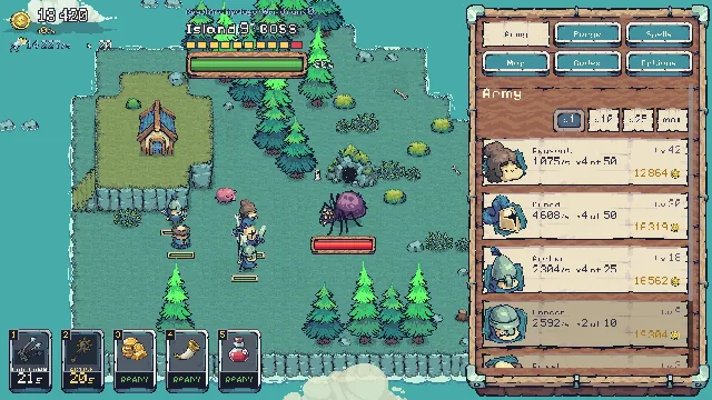 Island Crusade: A boss on island 9: a giant spider in a pine wood, its health bar and timer at the top of the screen.