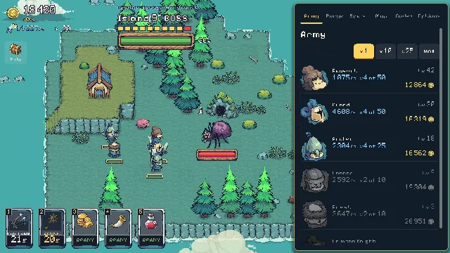 Island Crusade: A boss on island 9: a giant spider in a pine wood, its health bar and timer at the top of the screen.