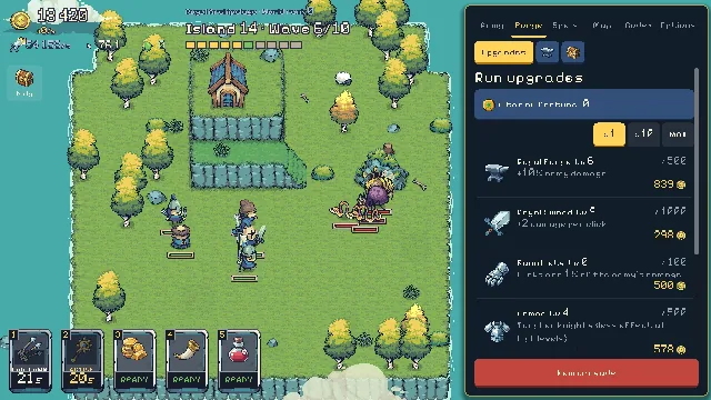 Island Crusade: The Forge tab: run upgrades such as the Royal Forge, the Royal Sword, Bounties and Armor, each with its price in gold.