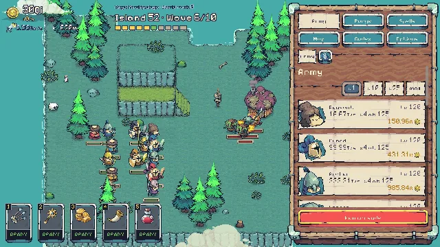 Island Crusade: Island 52, a swamp: a big army of knights at level 120 against spear goblins and their hut.