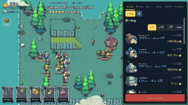 Island Crusade: Island 52: a big army of knights at level 120 against goblins and their hut.