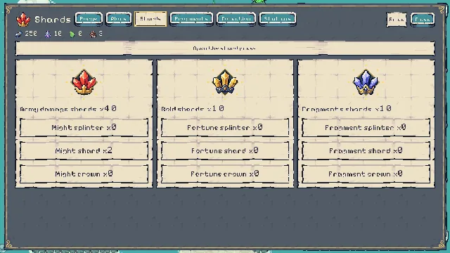 The Shards screen: army damage, gold and fragment shards, from splinter to crown.