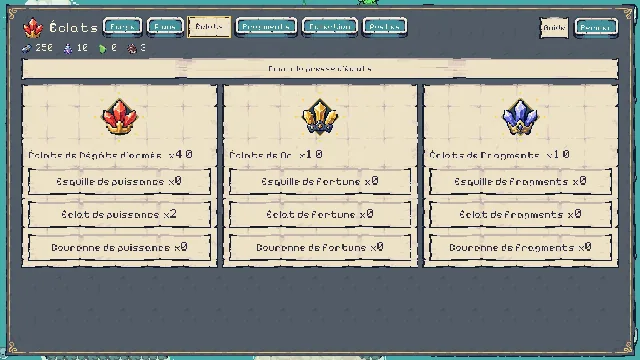 L’écran Éclats : éclats de dégâts de l’armée, d’or et de fragments, de l’esquille à la couronne.