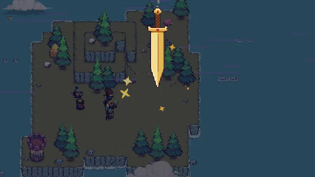 A new crusade: a giant golden sword falls from the sky onto a darkened island, sparks flying.