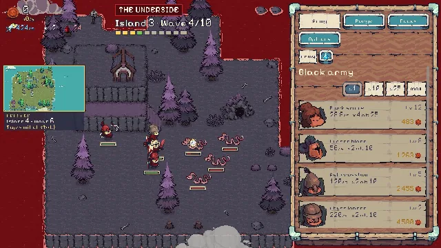 The Underside: a dark mirror of island 3 on a sea of blood, the black army against corrupted snakes, and the crusade still fighting in a small window on the left.