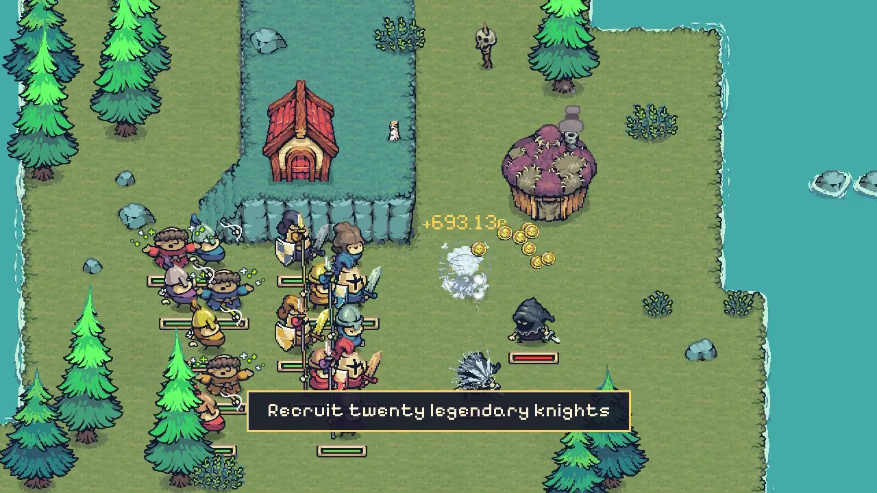 A frame of the new trailer: a crowd of knights against a dark mage by a red-roofed hut, with the card Recruit twenty legendary knights.