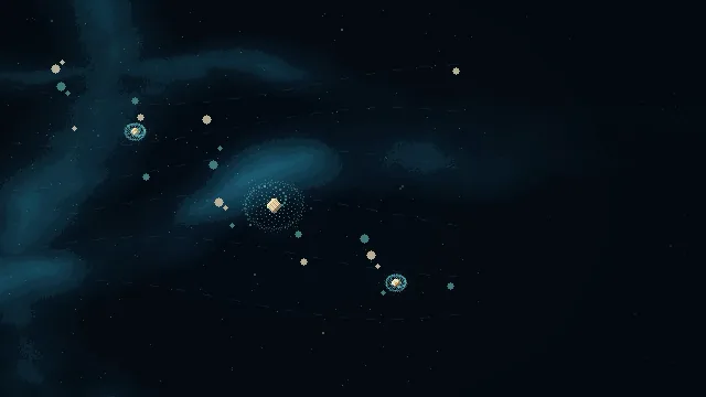 Stage 1: a single carbon atom among drifting particles, blue nebula in the background.