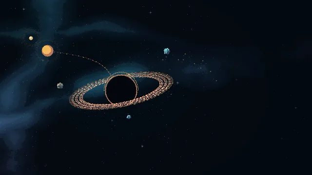 Un trou noir entouré d’un anneau de matière brillant, une petite étoile orange attirée vers lui.