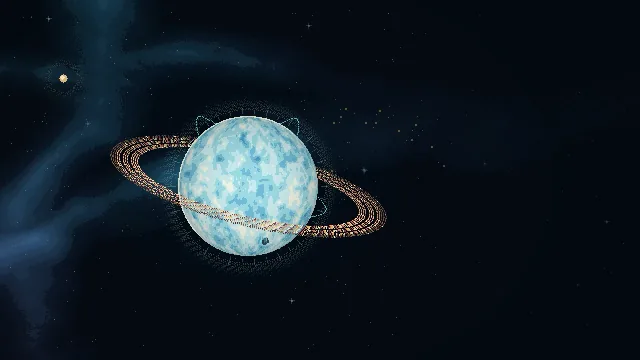 A pale blue giant planet with a wide copper-coloured ring.