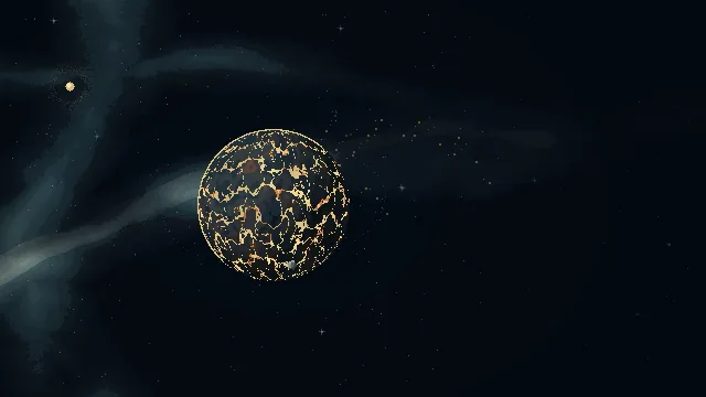 A dark planet covered in glowing orange cracks of magma.