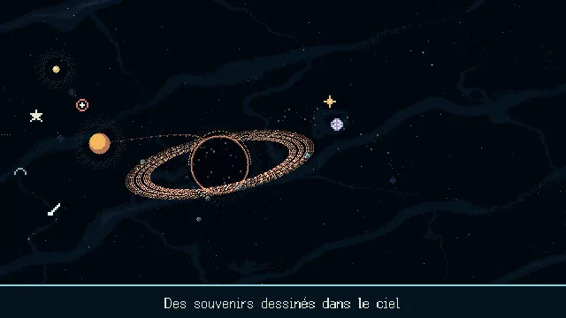 Un trou noir avec un anneau de matière et une petite étoile orange, et de petits symboles dessinés dans le ciel autour.
