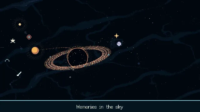 A star system with small symbols drawn in the sky around it.