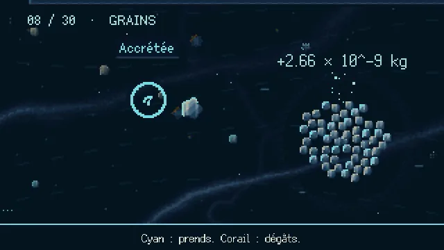 Un amas de grains, un anneau cyan autour d’un corps qui passe, le mot Accrétée et la légende : Cyan : prends. Corail : dégâts.