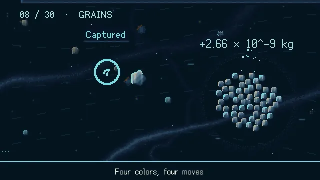 Grains with a cyan capture reticle and the caption: Four colors, four moves.