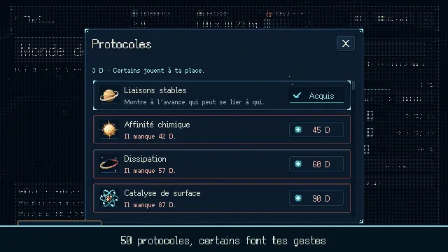 La fenêtre Protocoles avec Liaisons stables (acquis), Affinité chimique, Dissipation et Catalyse de surface.