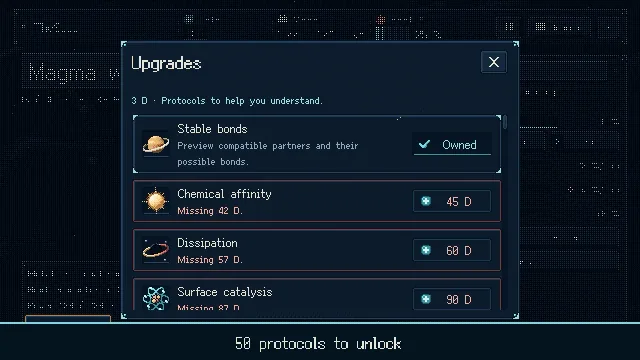 The upgrades window listing protocols such as Stable bonds, Chemical affinity and Dissipation.