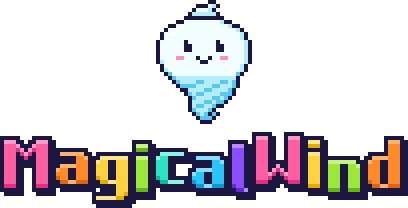 MagicalWind logo, stacked version: Puff above the rainbow word MagicalWind.