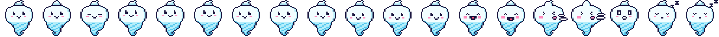 Nineteen frames of Puff: idle, blinking, looking around, happy, blowing, surprised and asleep.